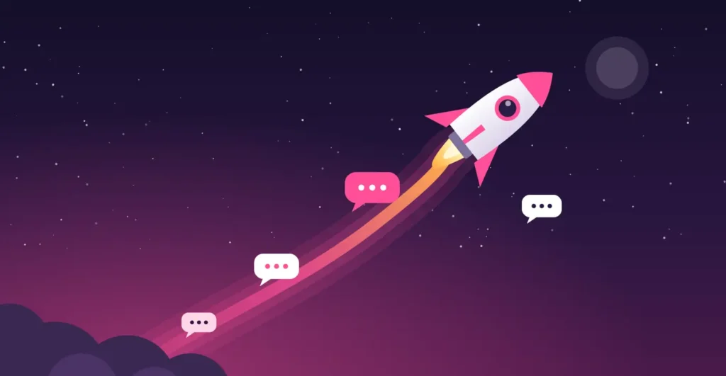 Illustration of a rocket launching with chat bubbles trailing behind it