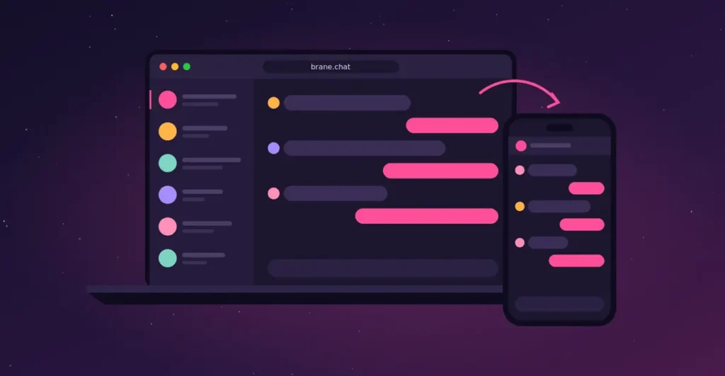 Illustration of the same Brane chat open in a laptop browser and on a phone